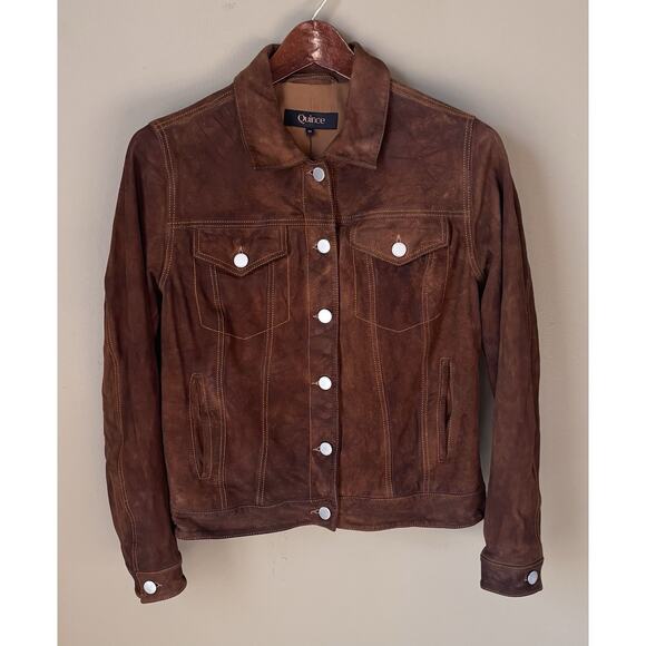 Quince Suede Trucker Jacket Brown Goat Leather Great Patina XS/S READ - Picture 7 of 10